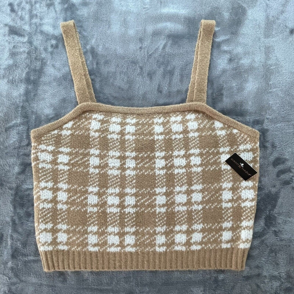 Almost Famous Shirt Womens Large Tan Plaid Knit Cropped Sweater Academia Preppy
